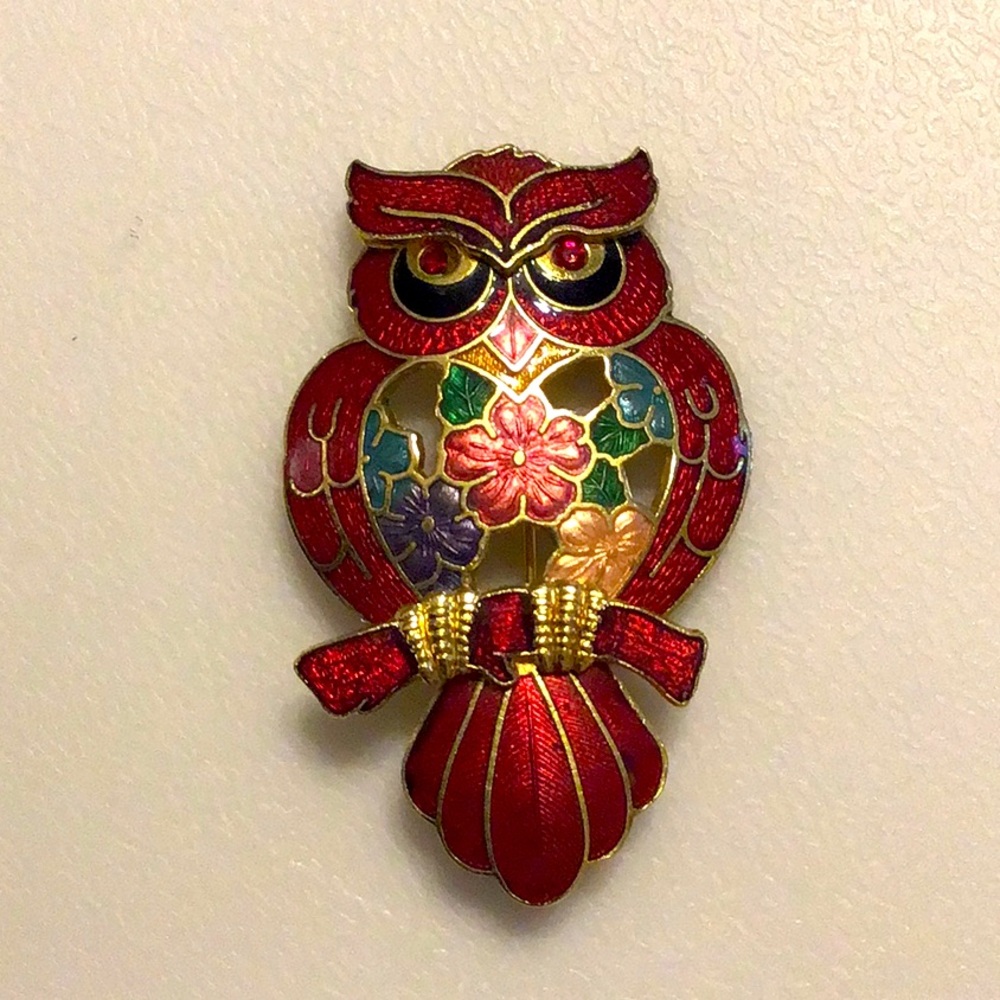 Cloisonné Multicolored Owl Brooch 2”
